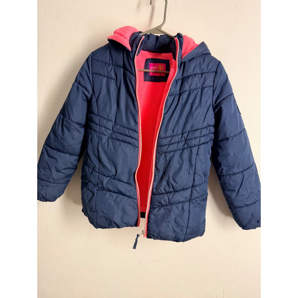 Pink Platinum Girls Navy Blue Shimmer Puffer Jacket Pink Fleece Lined Size 10/12